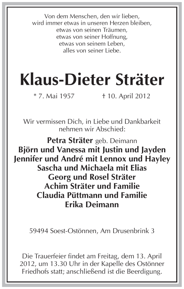  Traueranzeige für Klaus-Dieter Sträter vom 11.04.2012 aus WESTFÄLISCHER ANZEIGER