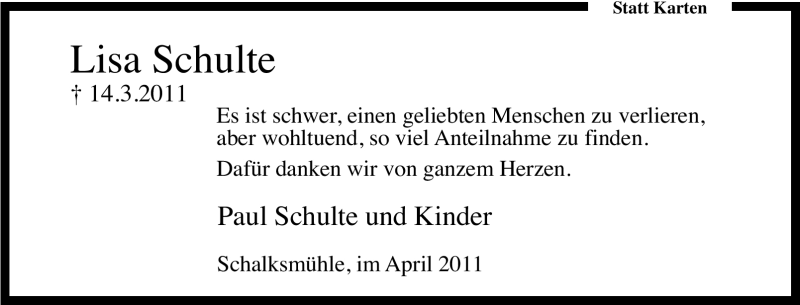  Traueranzeige für Lisa Schulte vom 28.04.2011 aus WESTFÄLISCHER ANZEIGER