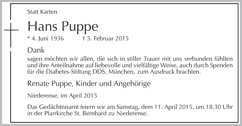  Traueranzeige für Hans Puppe vom 07.04.2015 aus MZV