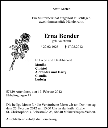 Traueranzeige von Erna Bender von WESTFÄLISCHER ANZEIGER