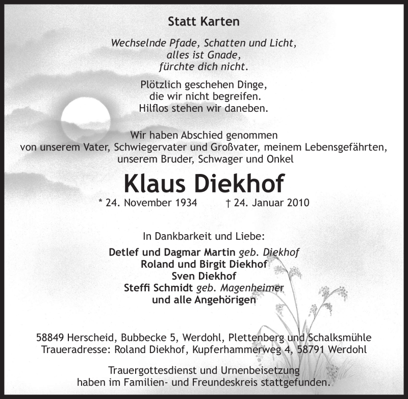  Traueranzeige für Klaus Diekhof vom 30.01.2010 aus WESTFÄLISCHER ANZEIGER