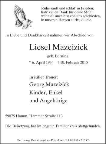 Traueranzeige von Liesel Mazeizick von MZV