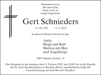 Traueranzeige von Gert Schnieders von MZV