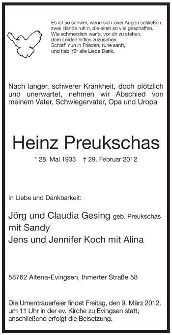 Traueranzeige von Heinz Preukschas von WESTFÄLISCHER ANZEIGER