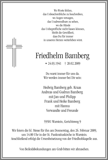 Traueranzeige von Friedhelm Bamberg von WESTFÄLISCHER ANZEIGER
