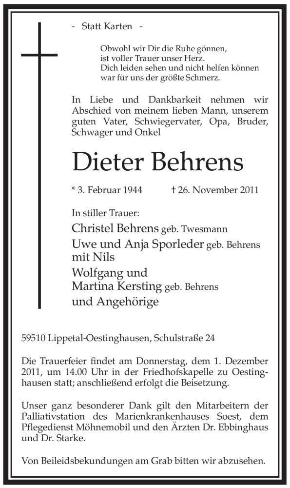  Traueranzeige für Dieter Behrens vom 28.11.2011 aus WESTFÄLISCHER ANZEIGER