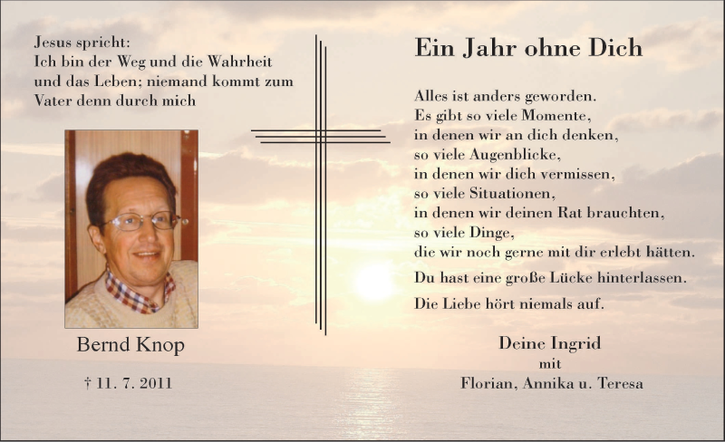  Traueranzeige für Bernd Knop vom 11.07.2012 aus WESTFÄLISCHER ANZEIGER