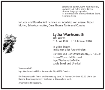 Traueranzeige von Lydia Wachsmuth von WESTFÄLISCHER ANZEIGER