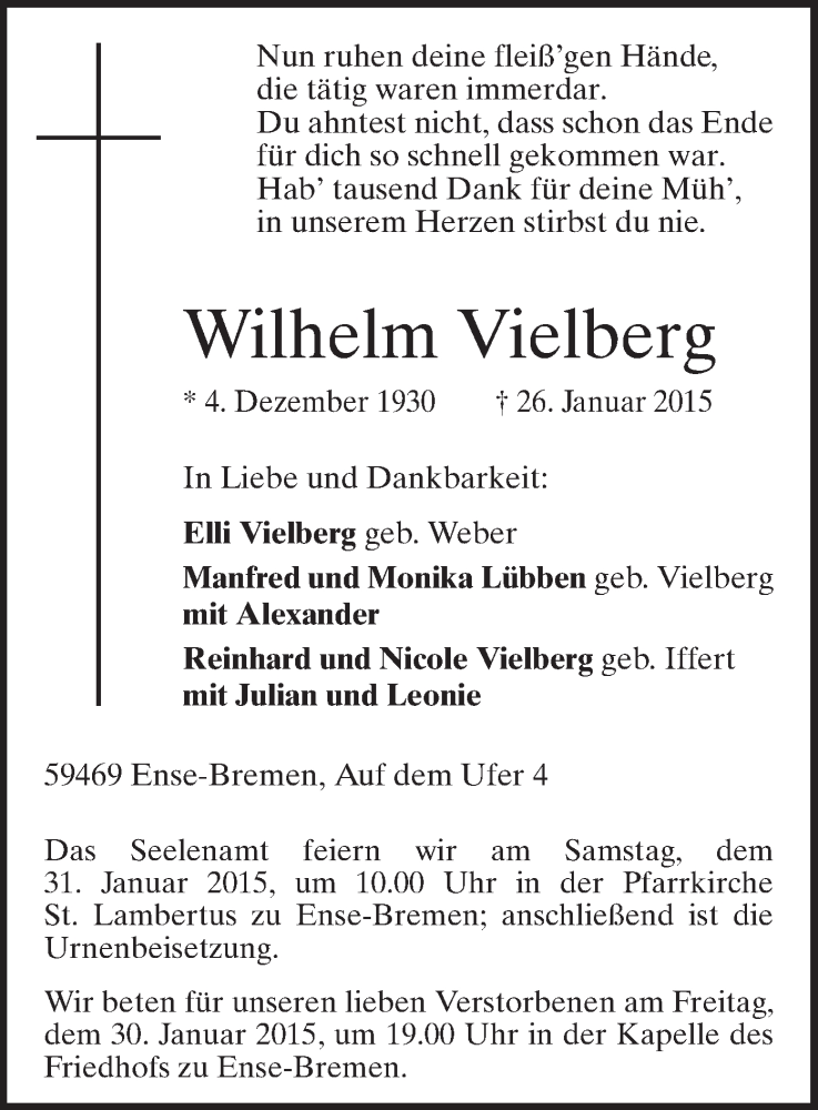  Traueranzeige für Wilhelm Vielberg vom 29.01.2015 aus MZV