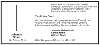 Traueranzeige von Johanna Bösel von WESTFÄLISCHER ANZEIGER