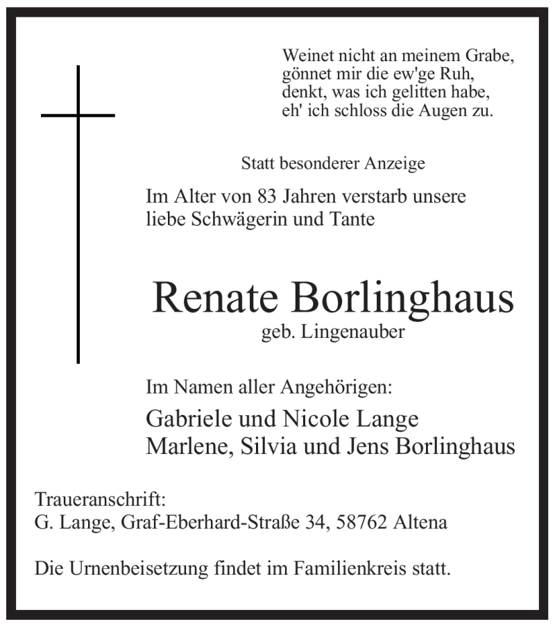  Traueranzeige für Renate Borlinghaus vom 02.05.2012 aus WESTFÄLISCHER ANZEIGER