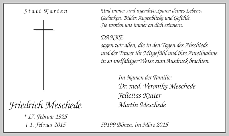  Traueranzeige für Friedrich Mescheck vom 25.03.2015 aus MZV