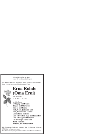 Traueranzeige von Erna Rohde von WESTFÄLISCHER ANZEIGER