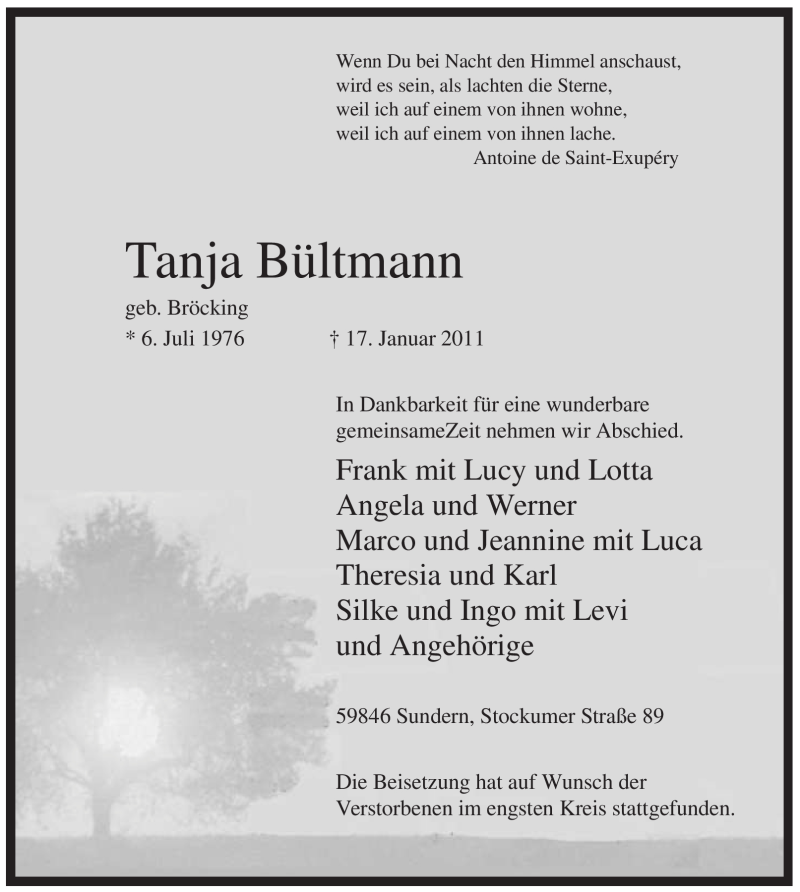  Traueranzeige für Tanja Bültmann vom 22.01.2011 aus WESTFÄLISCHER ANZEIGER