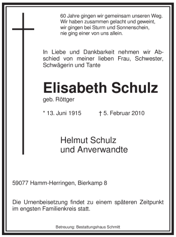 Traueranzeige von Elisabeth Schulz von WESTFÄLISCHER ANZEIGER