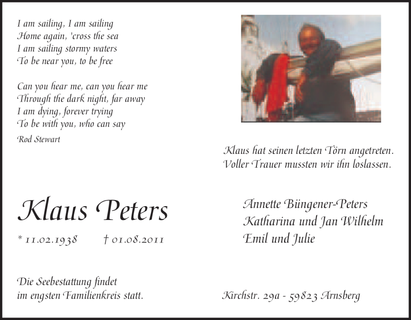  Traueranzeige für Klaus Peters vom 04.08.2011 aus WESTFÄLISCHER ANZEIGER