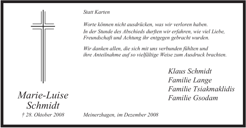  Traueranzeige für Marie-Luise Schmidt vom 13.12.2008 aus WESTFÄLISCHER ANZEIGER