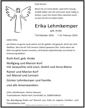 Traueranzeige von Erika Lehmkemper von MZV