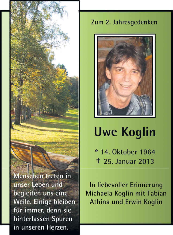  Traueranzeige für Uwe Koglin vom 24.01.2015 aus MZV