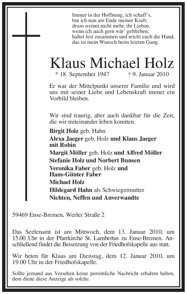  Traueranzeige für Klaus Michael Holz vom 11.01.2010 aus WESTFÄLISCHER ANZEIGER