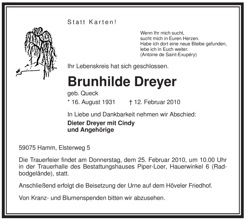  Traueranzeige für Brunhilde Dreyer vom 23.02.2010 aus WESTFÄLISCHER ANZEIGER