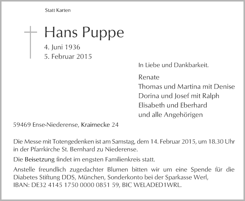  Traueranzeige für Hans Puppe vom 10.02.2015 aus MZV