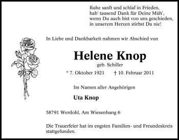 Traueranzeige von Helene Knop von WESTFÄLISCHER ANZEIGER