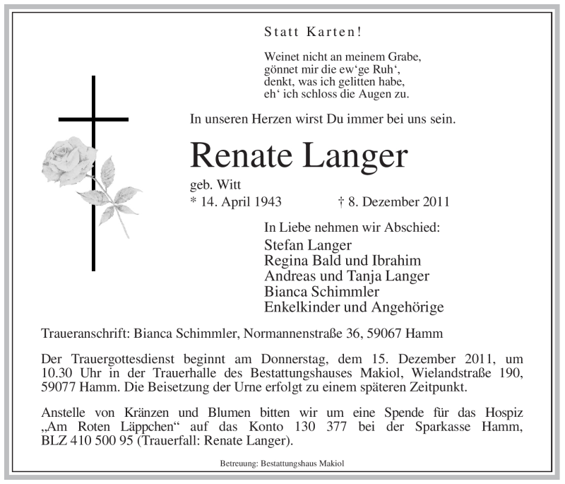  Traueranzeige für Renate Langer vom 10.12.2011 aus WESTFÄLISCHER ANZEIGER