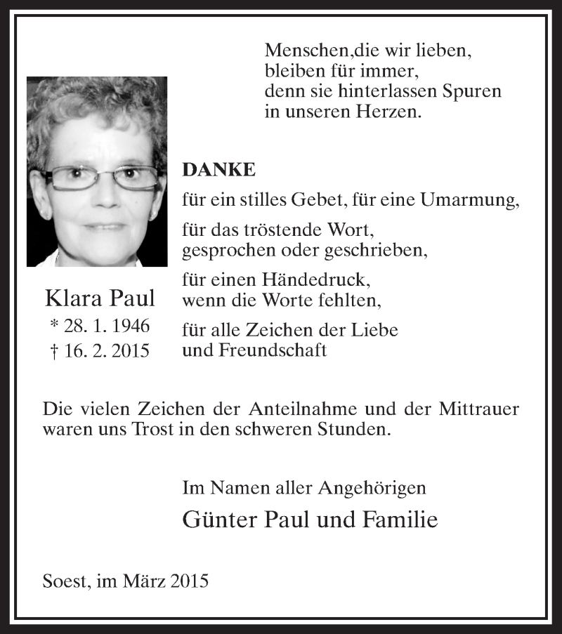  Traueranzeige für Klara Paul vom 16.03.2015 aus MZV
