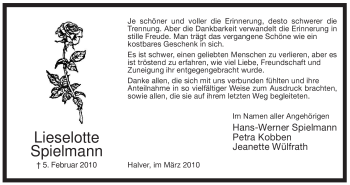 Traueranzeige von Lieselotte Spielmann von WESTFÄLISCHER ANZEIGER