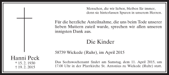 Traueranzeige von Hanni Peck von MZV