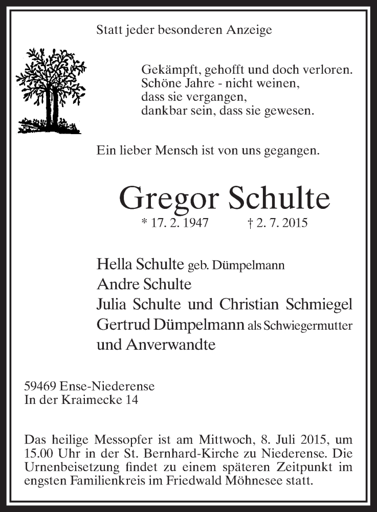  Traueranzeige für Gregor Schulte vom 06.07.2015 aus MZV
