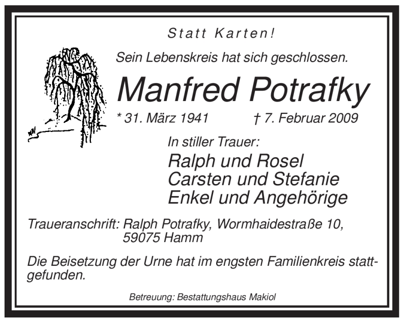  Traueranzeige für Manfred Potrawski vom 21.02.2009 aus WESTFÄLISCHER ANZEIGER