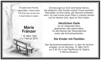 Traueranzeige von Maria Fränzer von WESTFÄLISCHER ANZEIGER