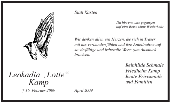 Traueranzeige von Leokadia Kamp von WESTFÄLISCHER ANZEIGER