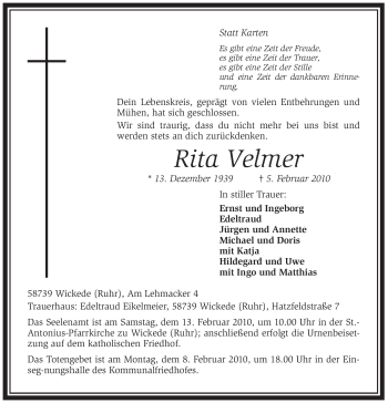 Traueranzeige von Rita Velmer von WESTFÄLISCHER ANZEIGER