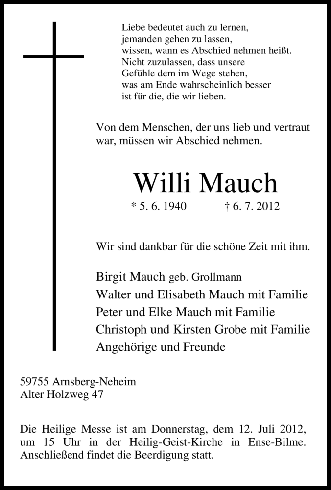  Traueranzeige für Willi Mauch vom 09.07.2012 aus WESTFÄLISCHER ANZEIGER