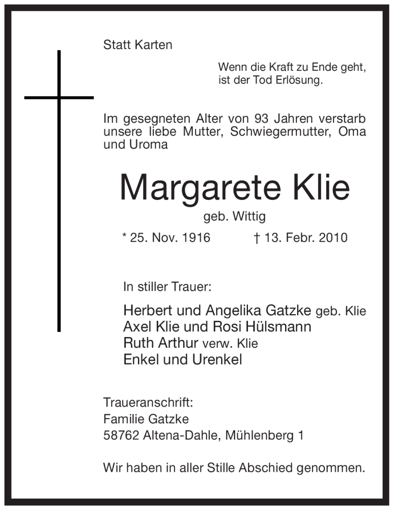  Traueranzeige für Margarete Klie vom 27.02.2010 aus WESTFÄLISCHER ANZEIGER