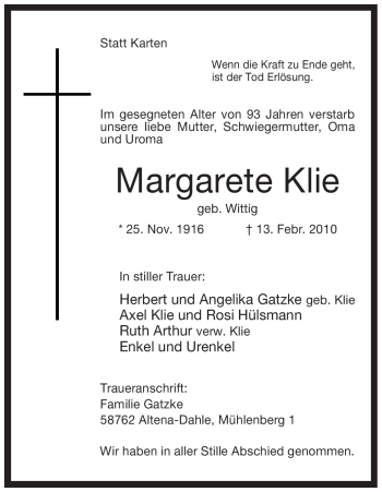 Traueranzeige von Margarete Klie von WESTFÄLISCHER ANZEIGER