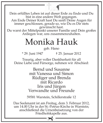 Traueranzeige von Monika Hauk von WESTFÄLISCHER ANZEIGER