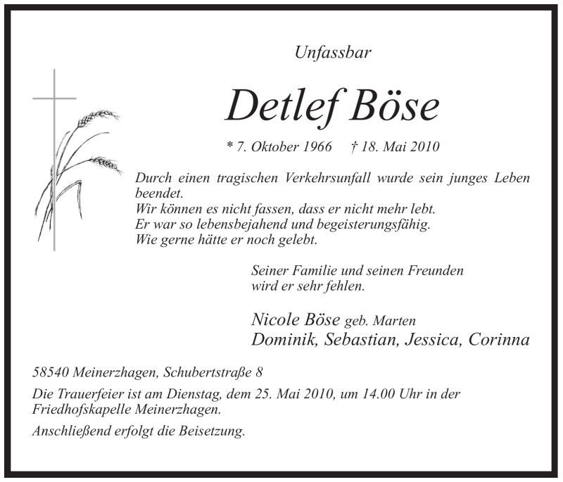  Traueranzeige für Detlef Böse vom 21.05.2010 aus WESTFÄLISCHER ANZEIGER