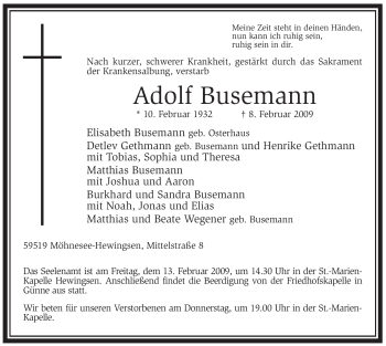 Traueranzeige von Adolf Busemann von WESTFÄLISCHER ANZEIGER