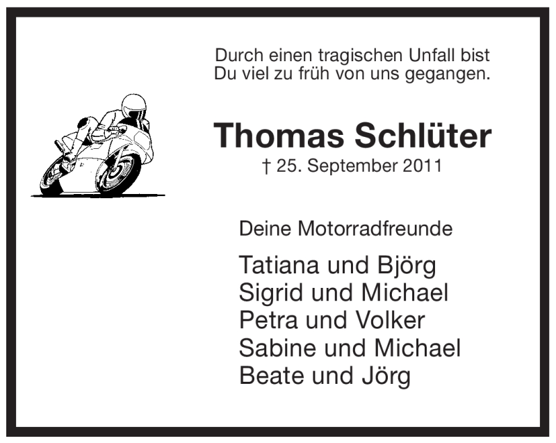  Traueranzeige für Thomas Schlüter vom 01.10.2011 aus WESTFÄLISCHER ANZEIGER