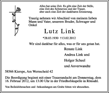 Traueranzeige von Lutz Link von WESTFÄLISCHER ANZEIGER