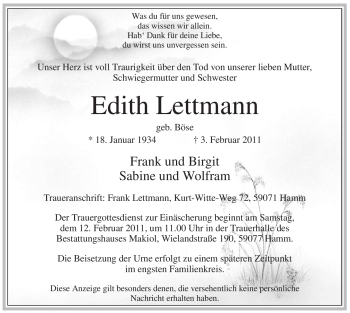 Traueranzeige von Edith Lettmann von WESTFÄLISCHER ANZEIGER
