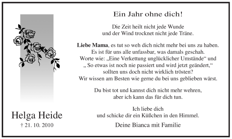  Traueranzeige für Helga Heide vom 21.10.2011 aus WESTFÄLISCHER ANZEIGER