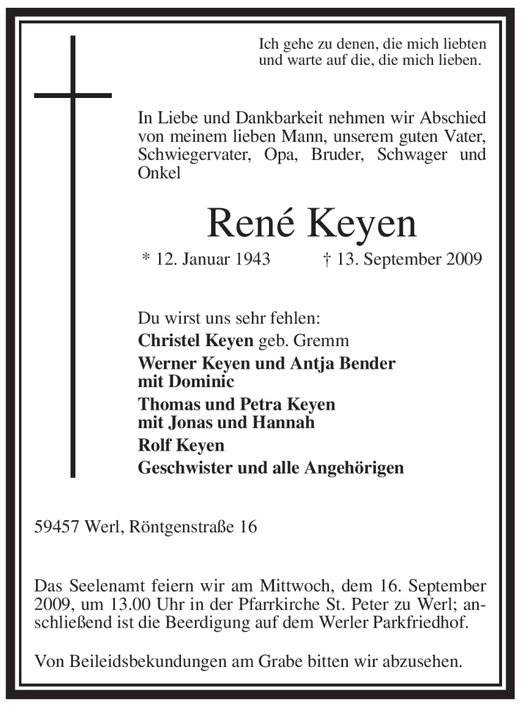  Traueranzeige für René Keyen vom 15.09.2009 aus WESTFÄLISCHER ANZEIGER