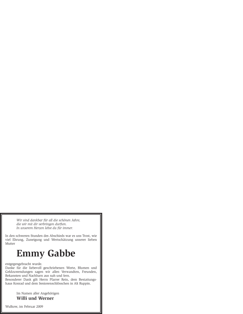  Traueranzeige für Emmy Gabbe vom 21.02.2009 aus WESTFÄLISCHER ANZEIGER