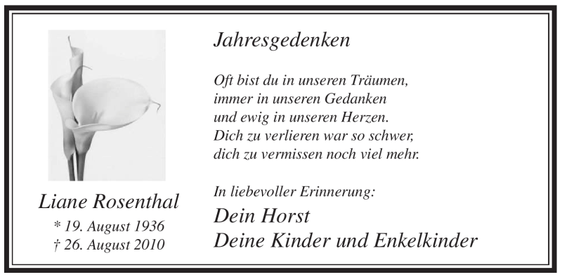  Traueranzeige für Liane Rosenthal vom 26.08.2011 aus WESTFÄLISCHER ANZEIGER