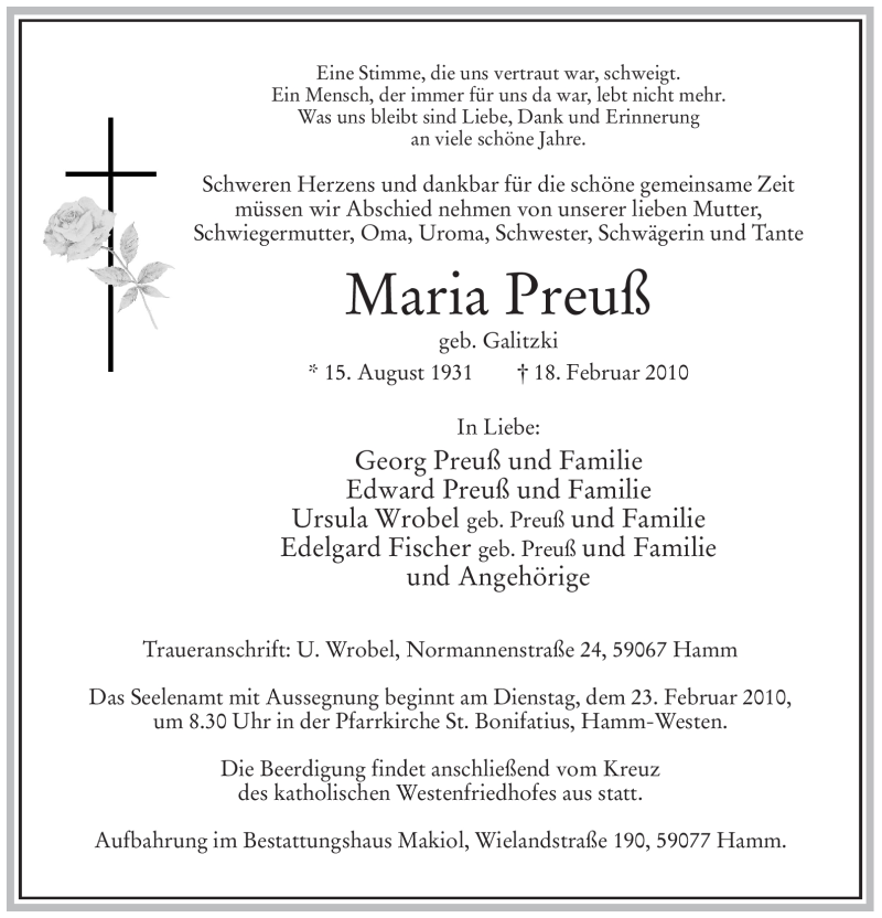  Traueranzeige für Maria Preuß vom 20.02.2010 aus WESTFÄLISCHER ANZEIGER